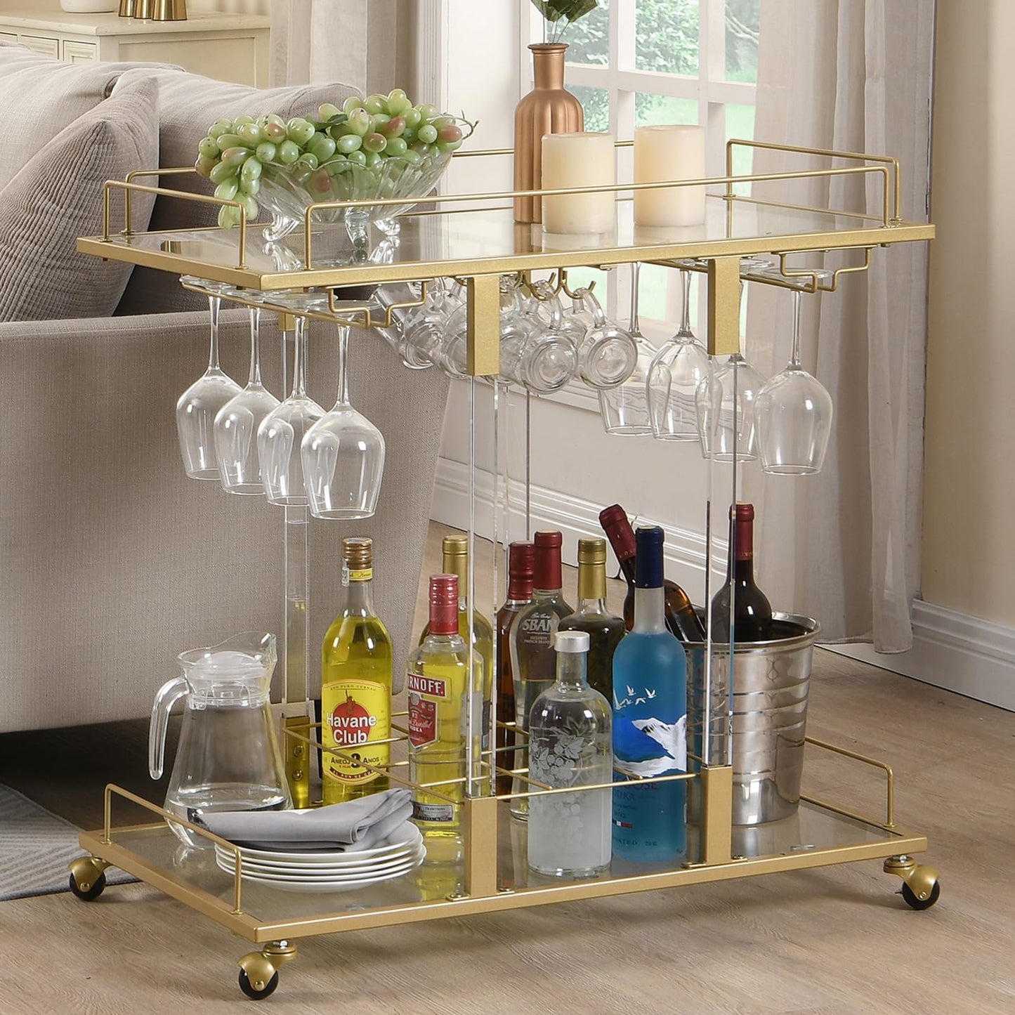 Silver Bar Cart Home Bar Serving Cart with Wine Rack 2-Tier Acrylic