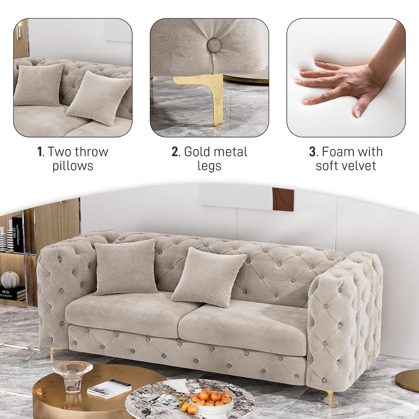 75 Inch Sofa Couch Modern Velour Upholstered Couch Contemporary