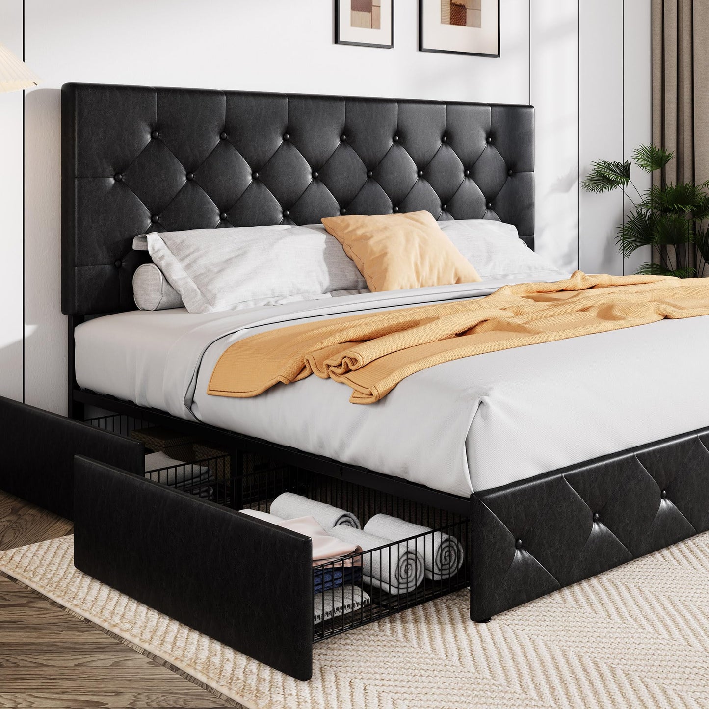 Upholstered Platform Bed Frame with 4 Storage Drawers and Headboard