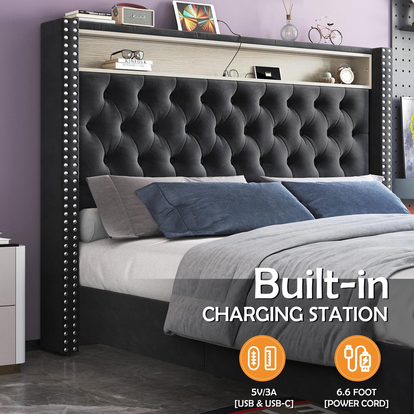 LED King Size Bed Frame and Headboard with Charging Station Velvet Upholstered