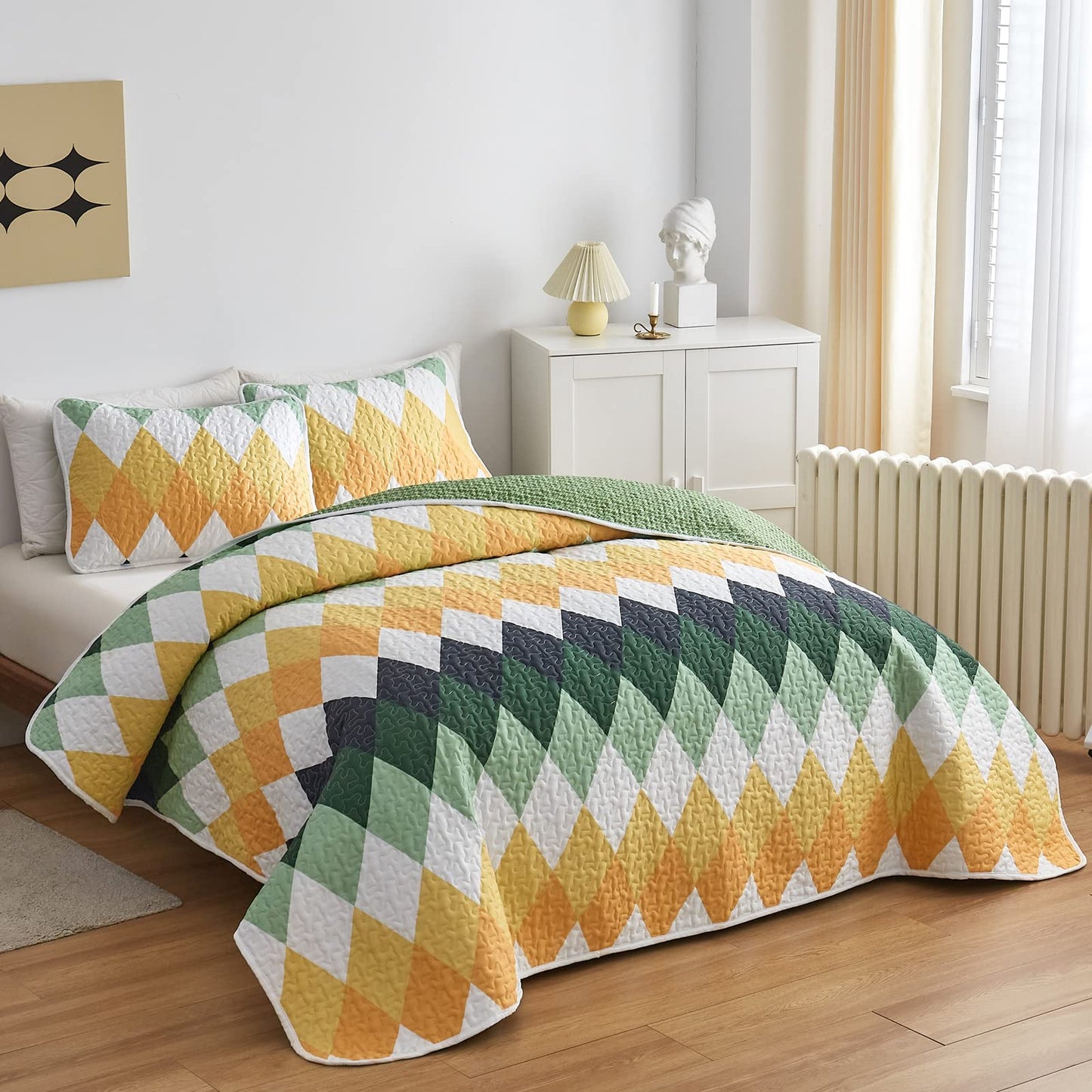 Yellow Green Rhomb Plaid Quilt Set 3pc Queen Size Reversible Coverlet