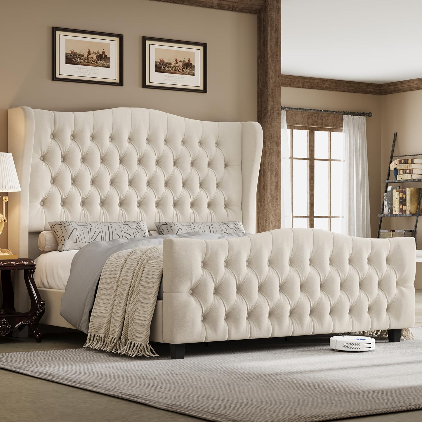 Tall Platform Bed Frame with Deep Button Tufted Wingback Headboard and Footboard