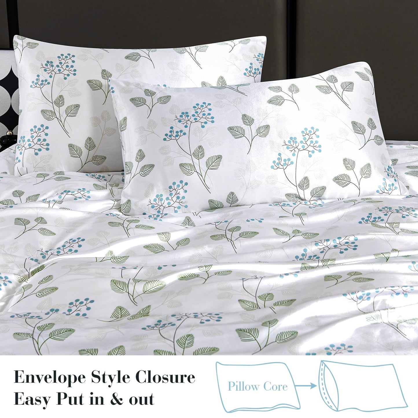 Floral Print - Luxurious Silky Feel Queen Sheet Set - Elegant Smooth Satin Bed Sheets