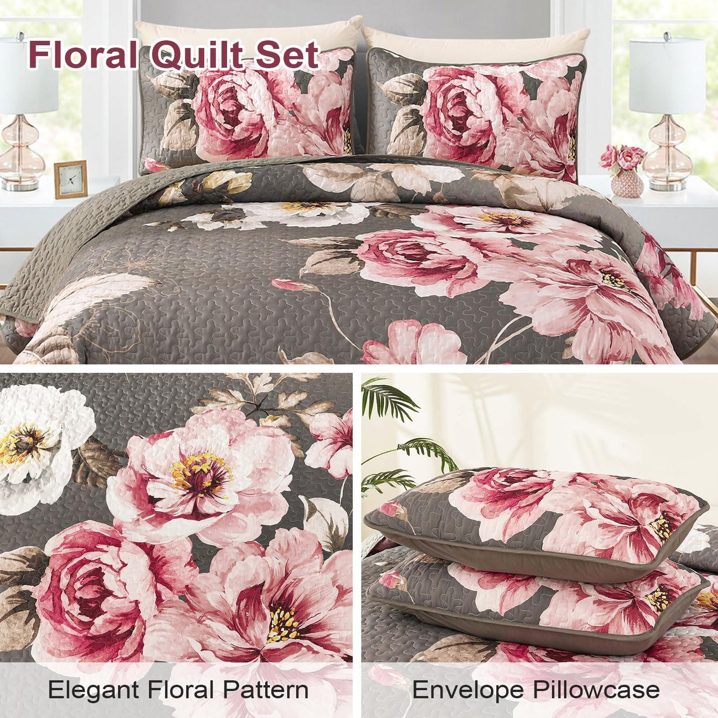 Purple Floral Quilt Set Queen Size, 3 Pieces Botanical Flower Printed