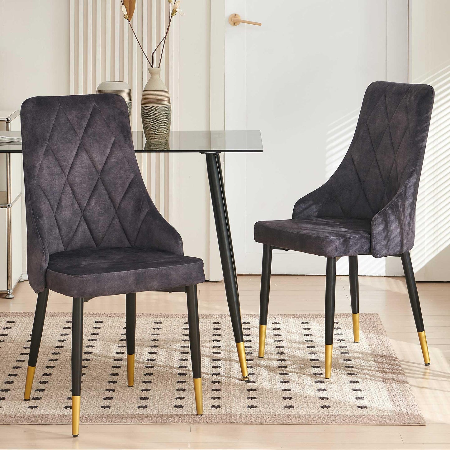 Kitchen Table and Chairs Set, Grey Glass Round Table with Metal Legs, 4 Chairs