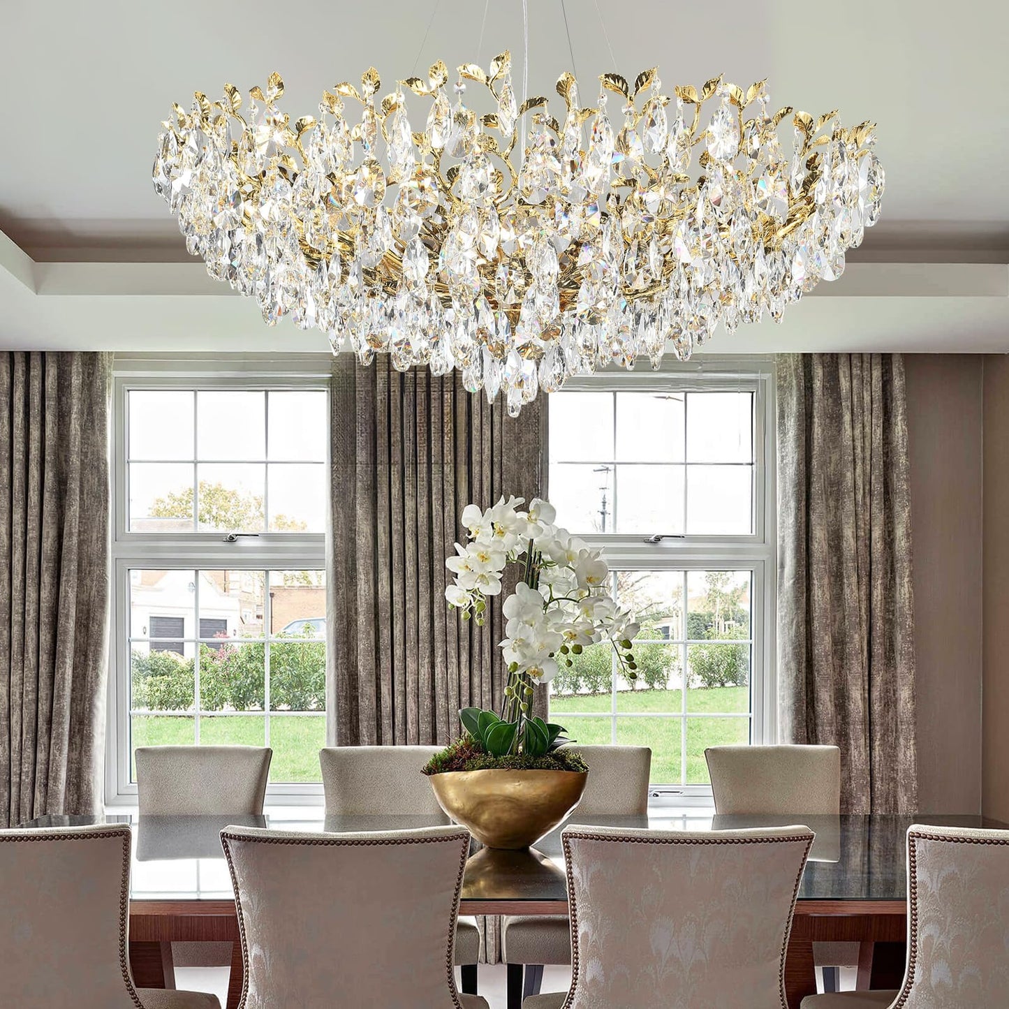 Modern Crystal Chandelier, Gold Pendant Flower Hanging Lighting