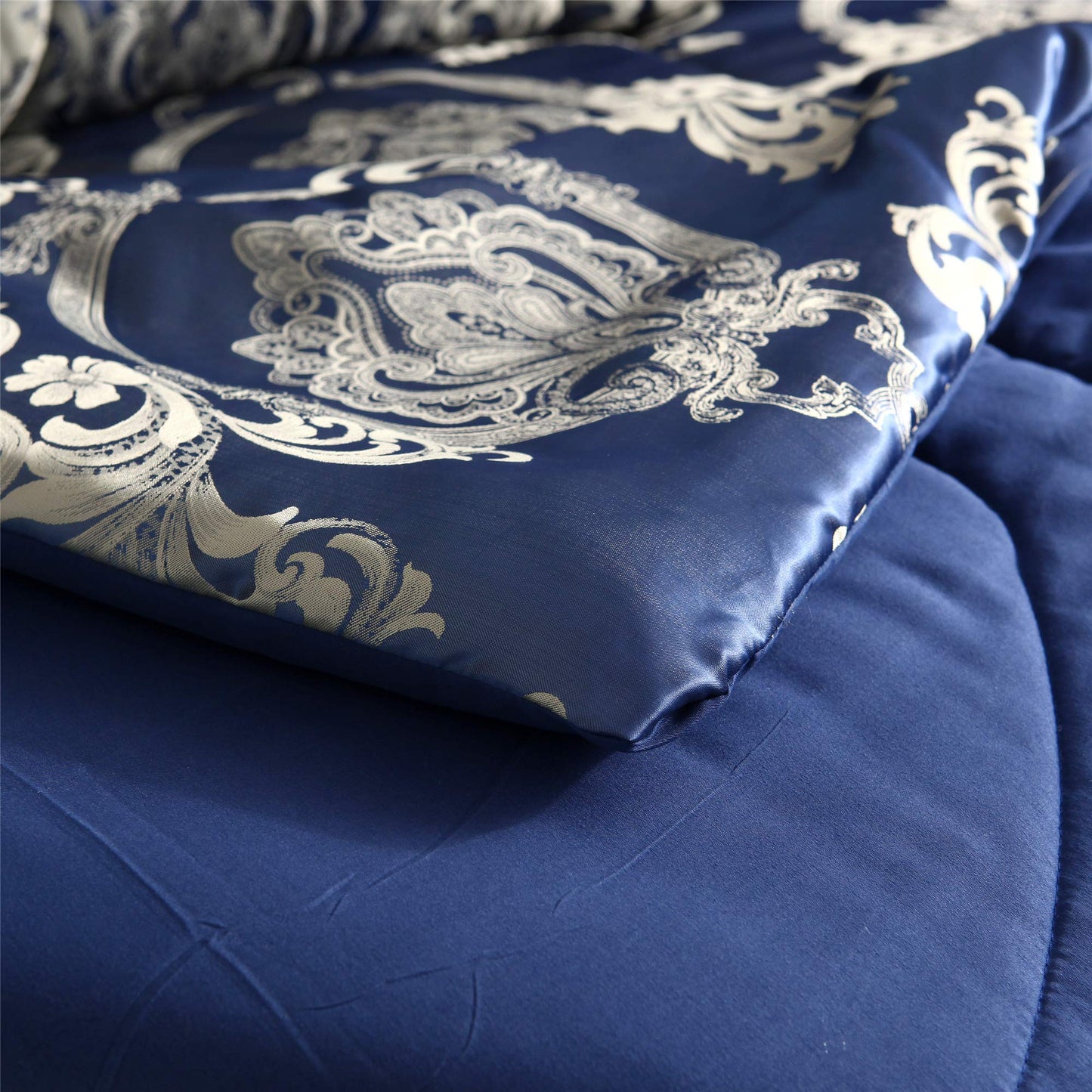 Comforter Set Satin Silk Blanket All Season Bed Luxury Royal Blue Jacquard