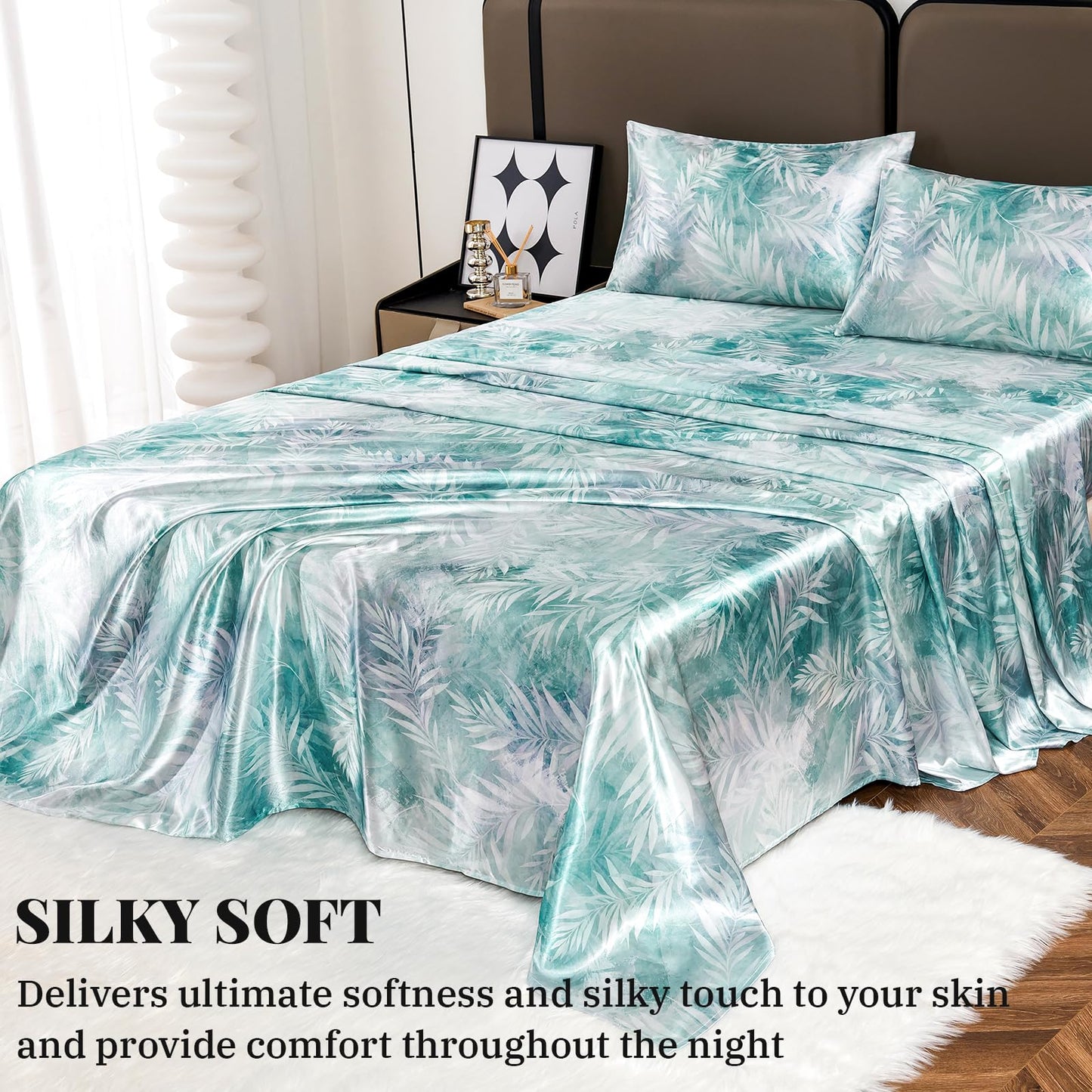 Floral Print - Luxurious Silky Feel Queen Sheet Set - Elegant Smooth Satin Bed Sheets