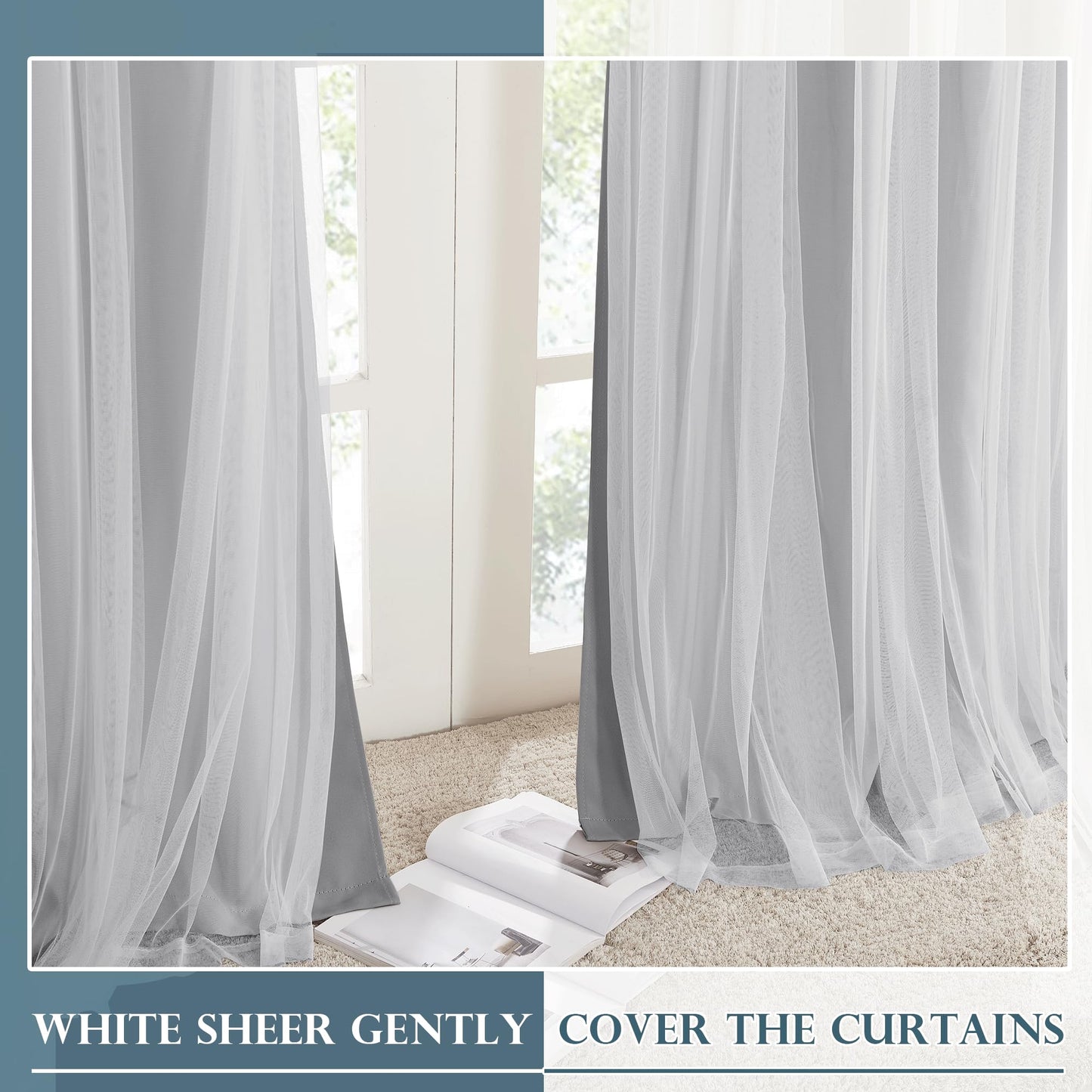 Double-Layered Curtains with Tie-Backs Sheer Drapes Light Blocking, 2 Pcs