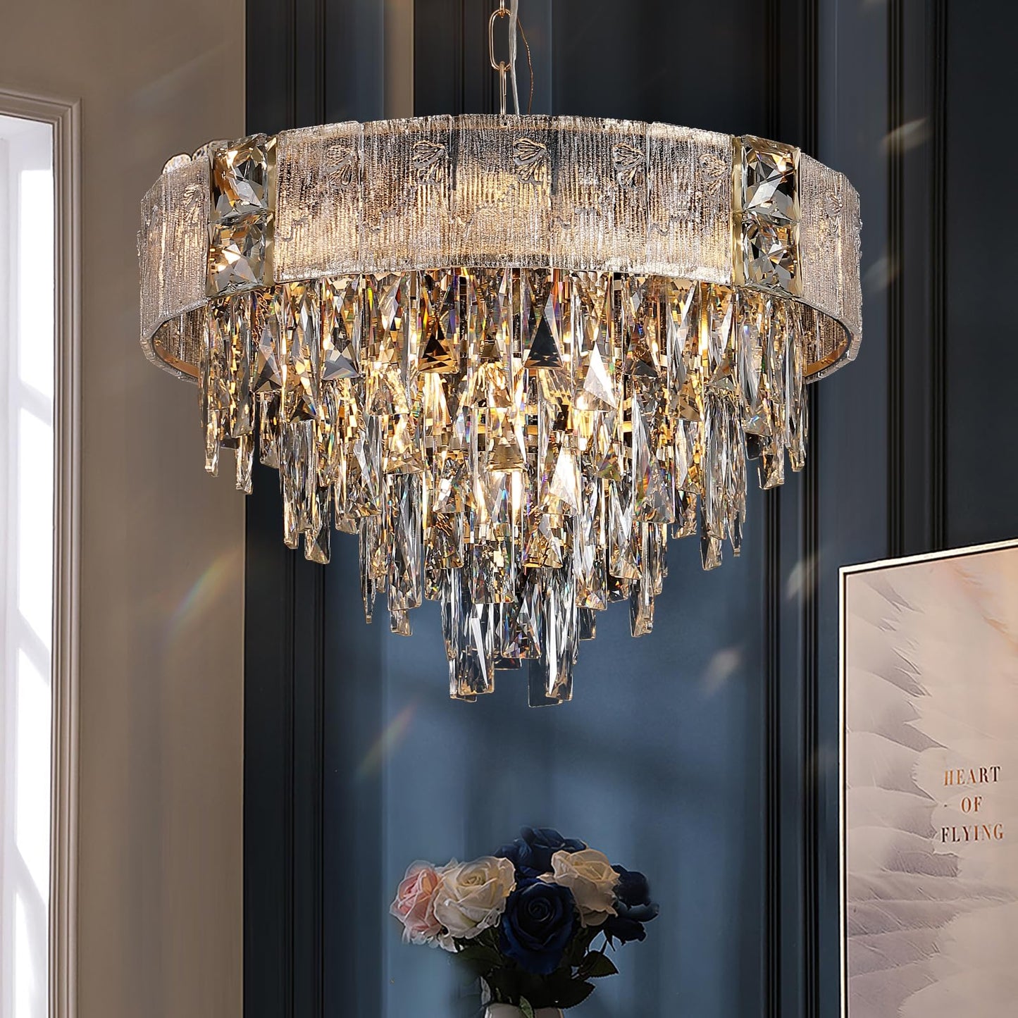 Modern Crystal Chandelier, 20’’ Black and Gold 4 Tiers Crystal