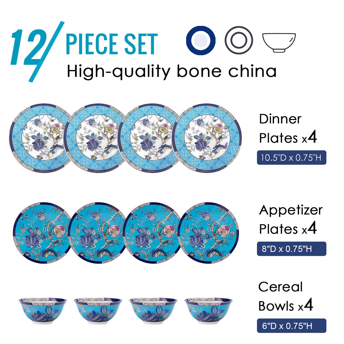 Bone China Dinnerware Sets for 4, 12-Piece Bone China Bowls for Kitchen & Collection