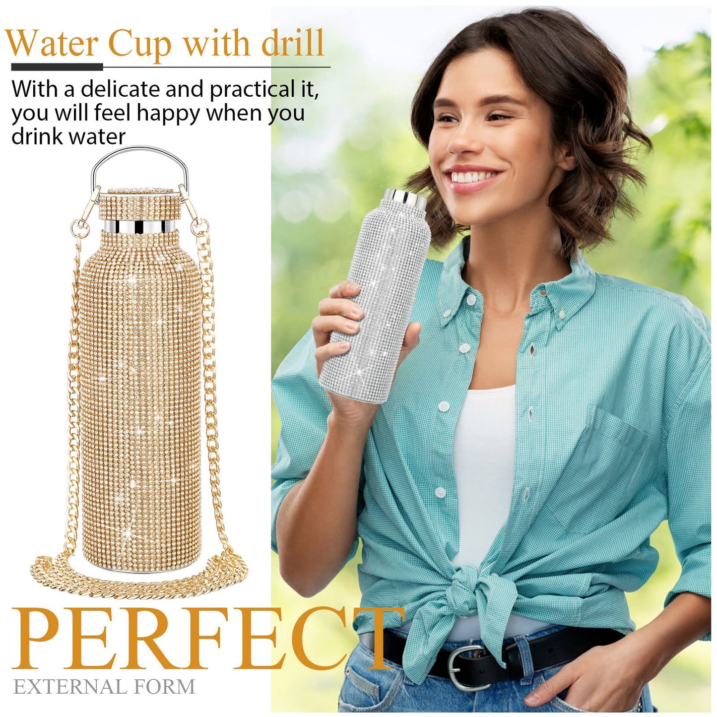 2 Pieces Bling Water Bottle Diamond - Rhinestone with Chain Stainless Steel