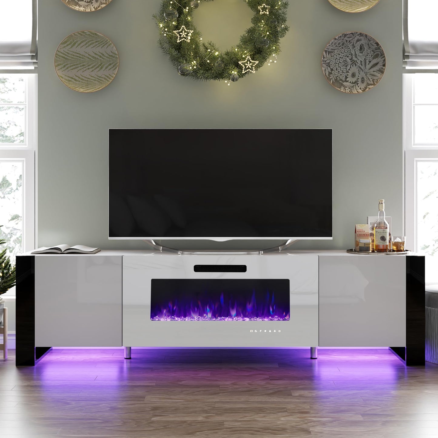 70" Fireplace TV Stand with 36" Electric Fireplace, High Gloss with LED Lights