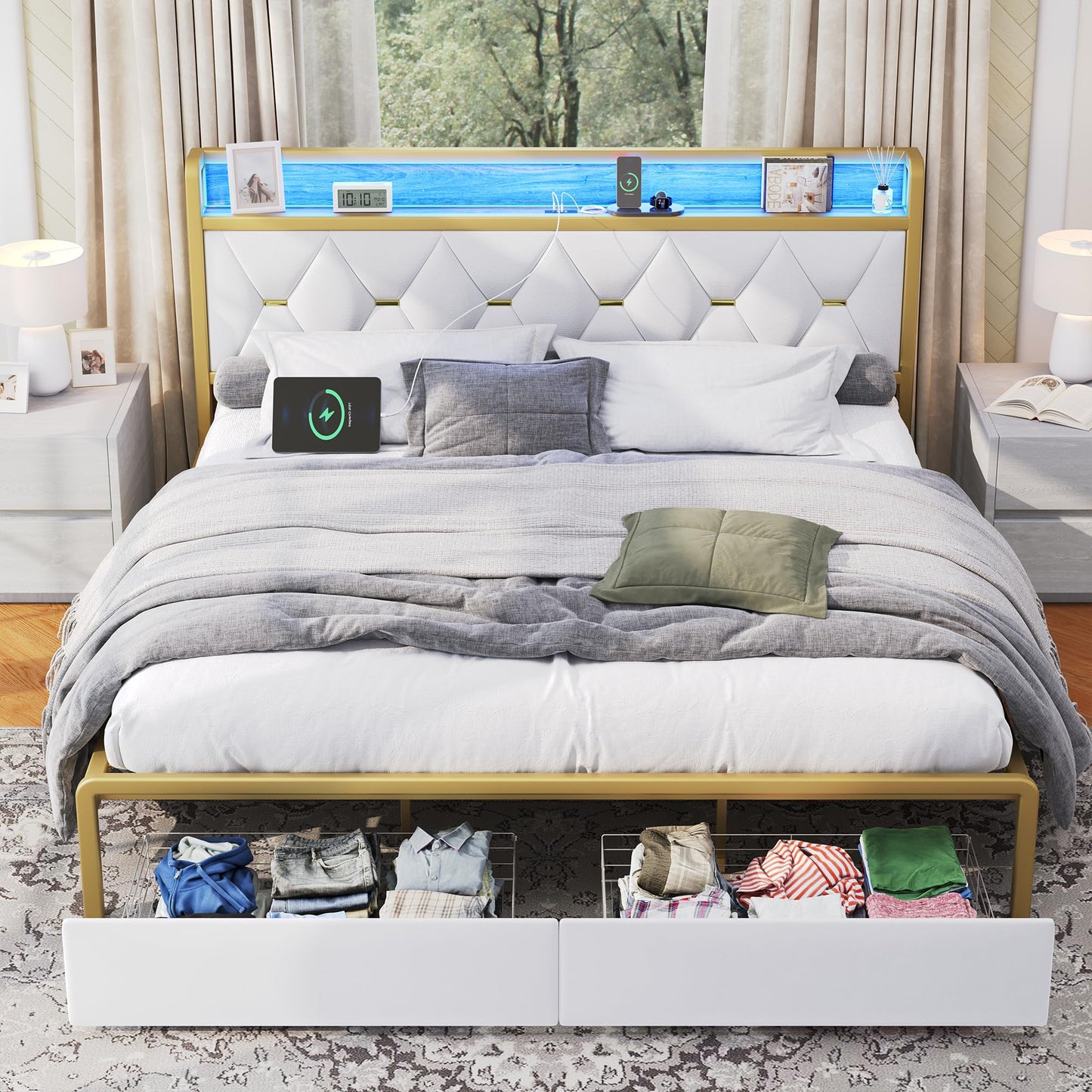 Led King Platform Bed Frame with Faux Leather Storage Headboard