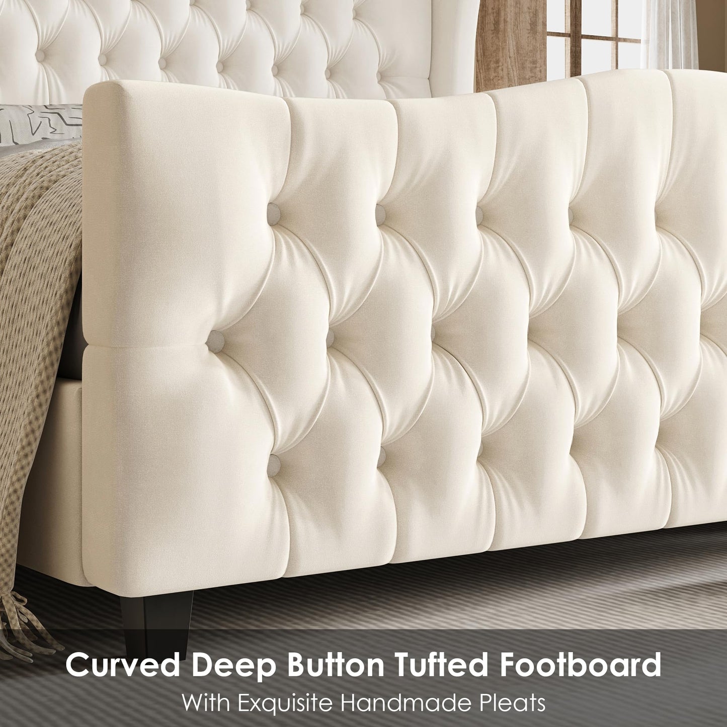 Tall Platform Bed Frame with Deep Button Tufted Wingback Headboard and Footboard