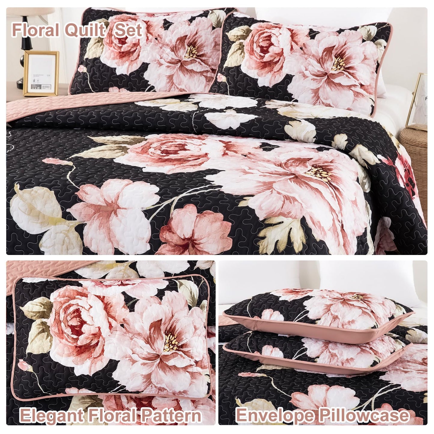 Purple Floral Quilt Set Queen Size, 3 Pieces Botanical Flower Printed