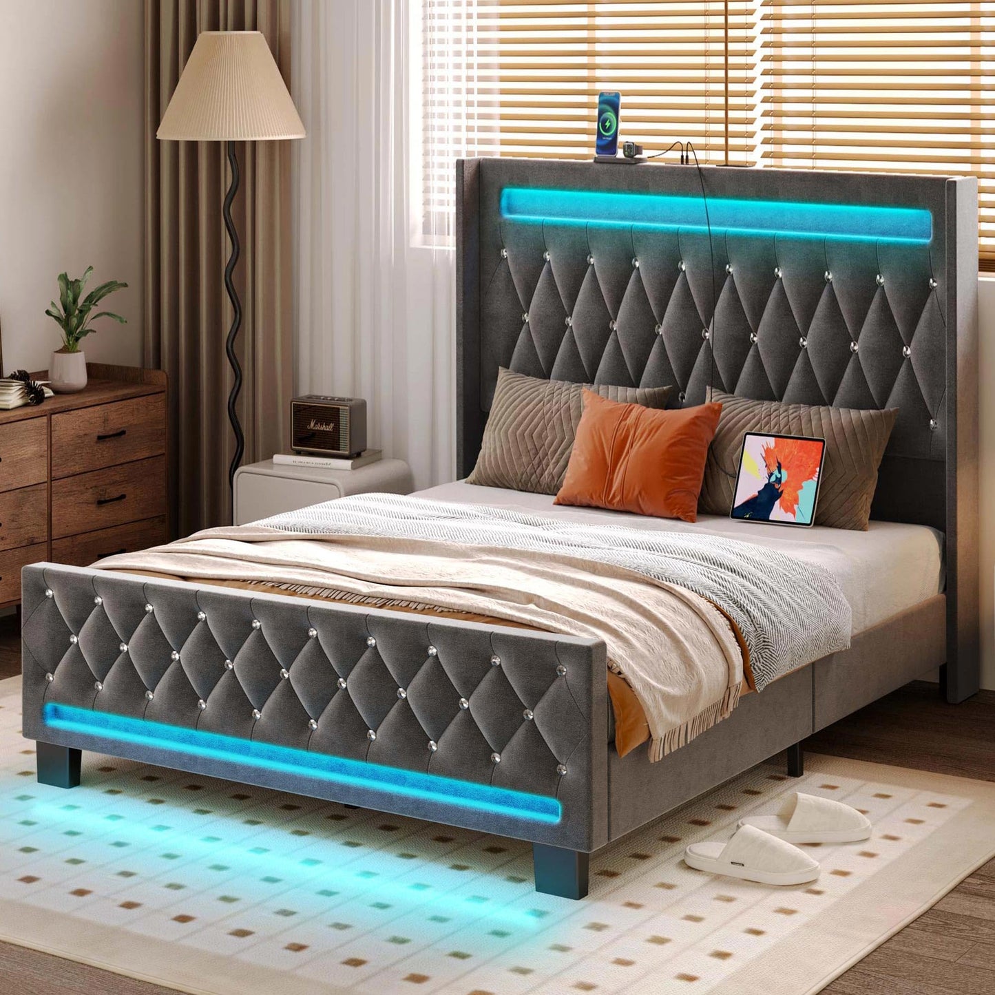 LED Light and Charging Station, Upholstered High Headboard and Footboard