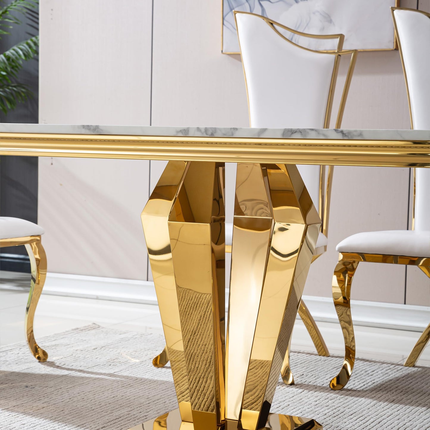 70 Inch White Marble Kitchen Table with Gold Mirrored Cabriole Legs