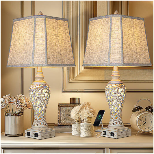 Table Lamps Set of 2 - Fabric Shades with USB and Nightlight