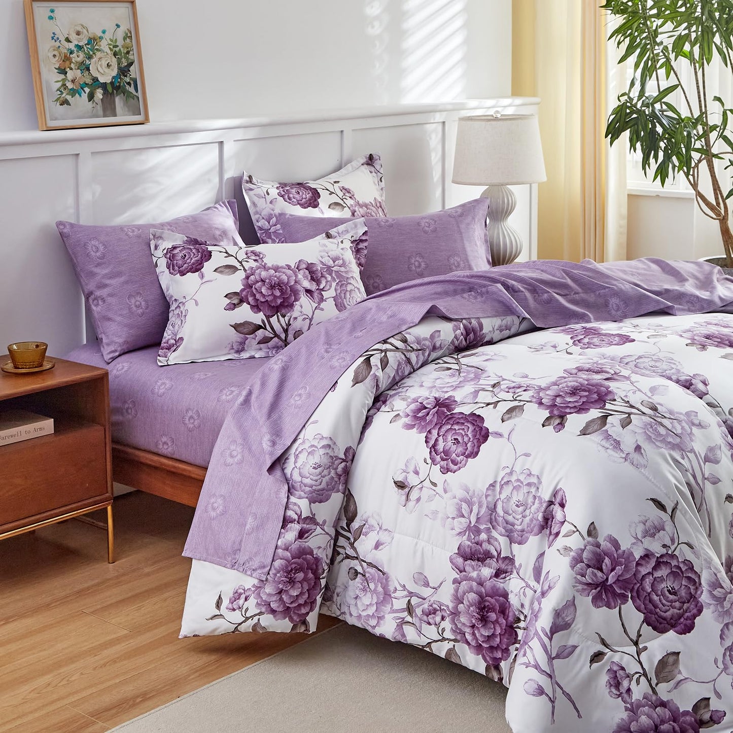 Purple Leaves Bed in a Bag 7 Pieces Floral White Comforter Sheet Set