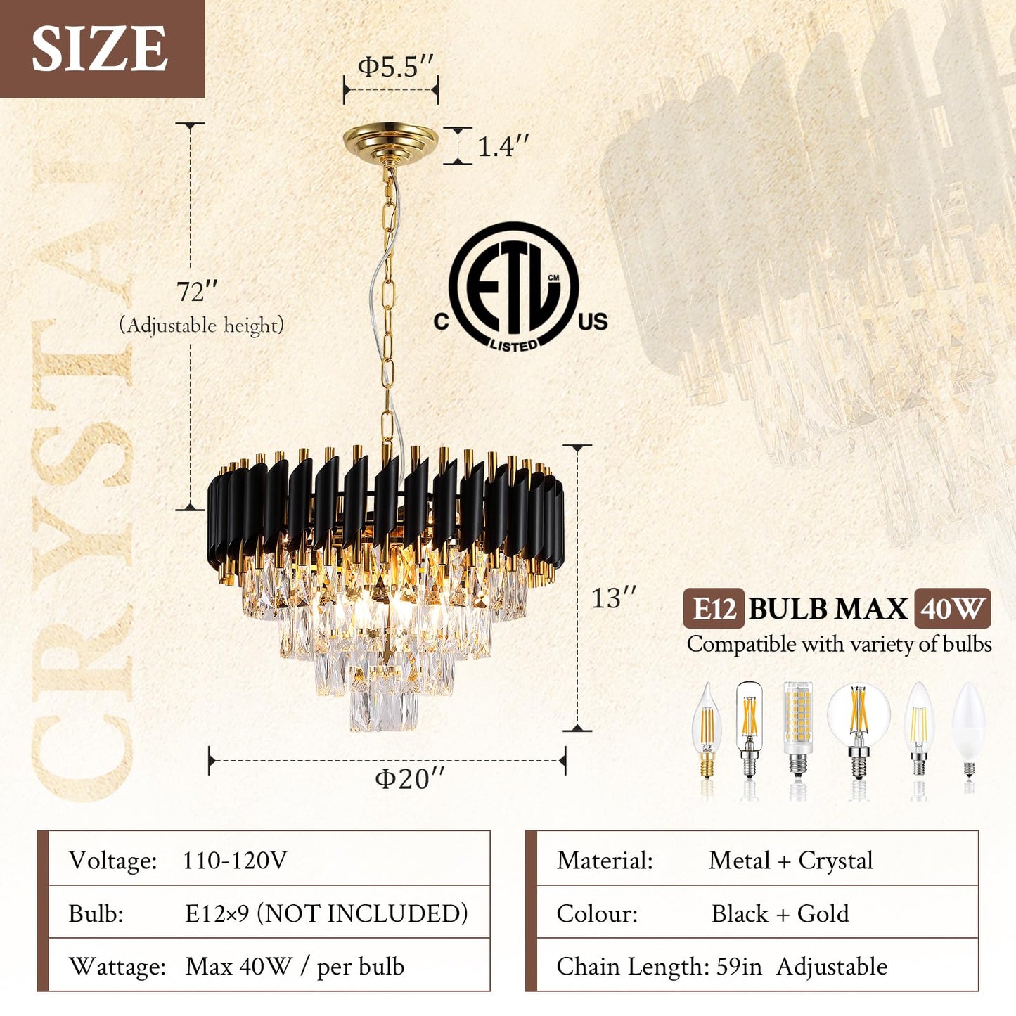 Modern Crystal Chandelier, 20’’ Black and Gold 4 Tiers Crystal