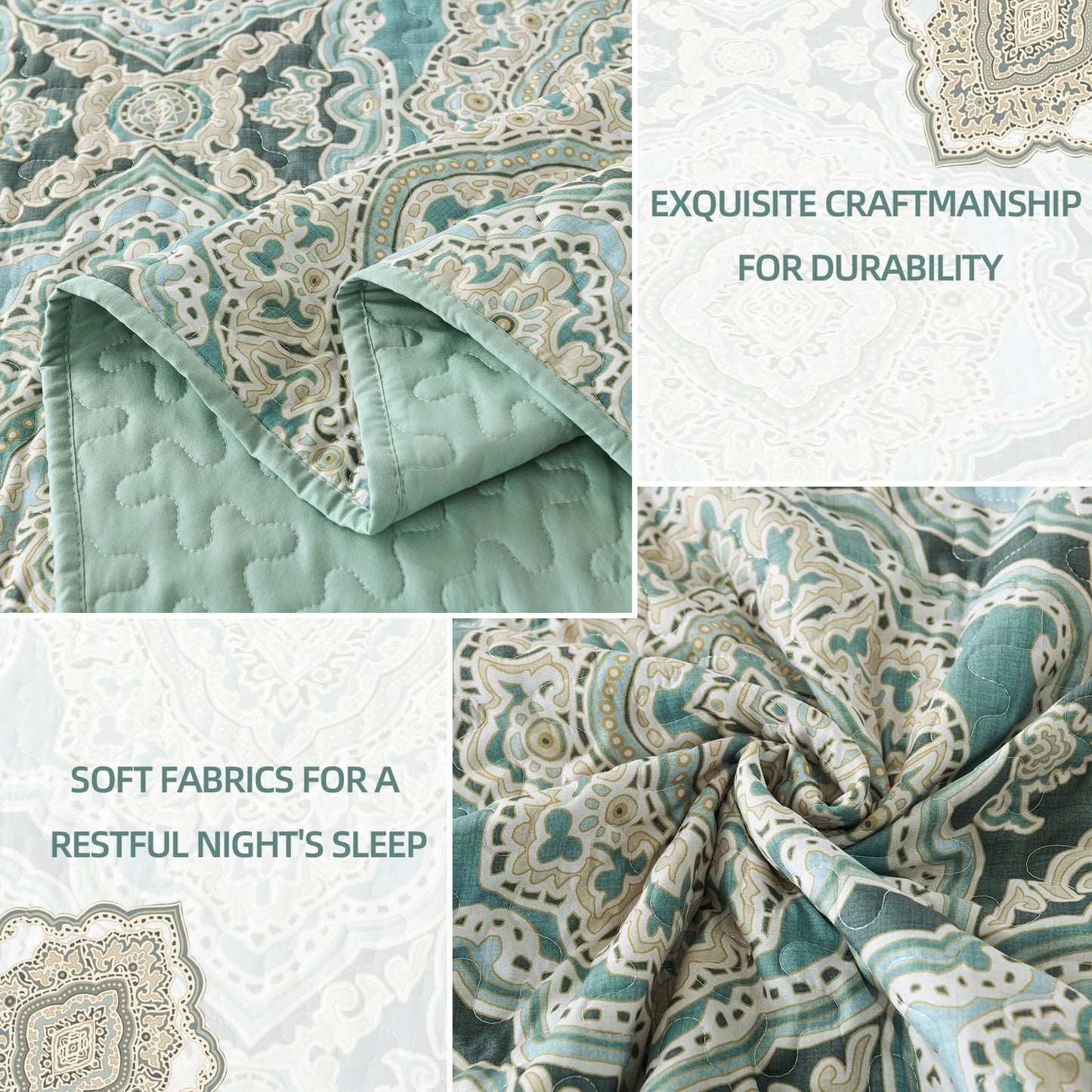 Blue Quilt Set Queen Size Boho Damask Bedspread Sets