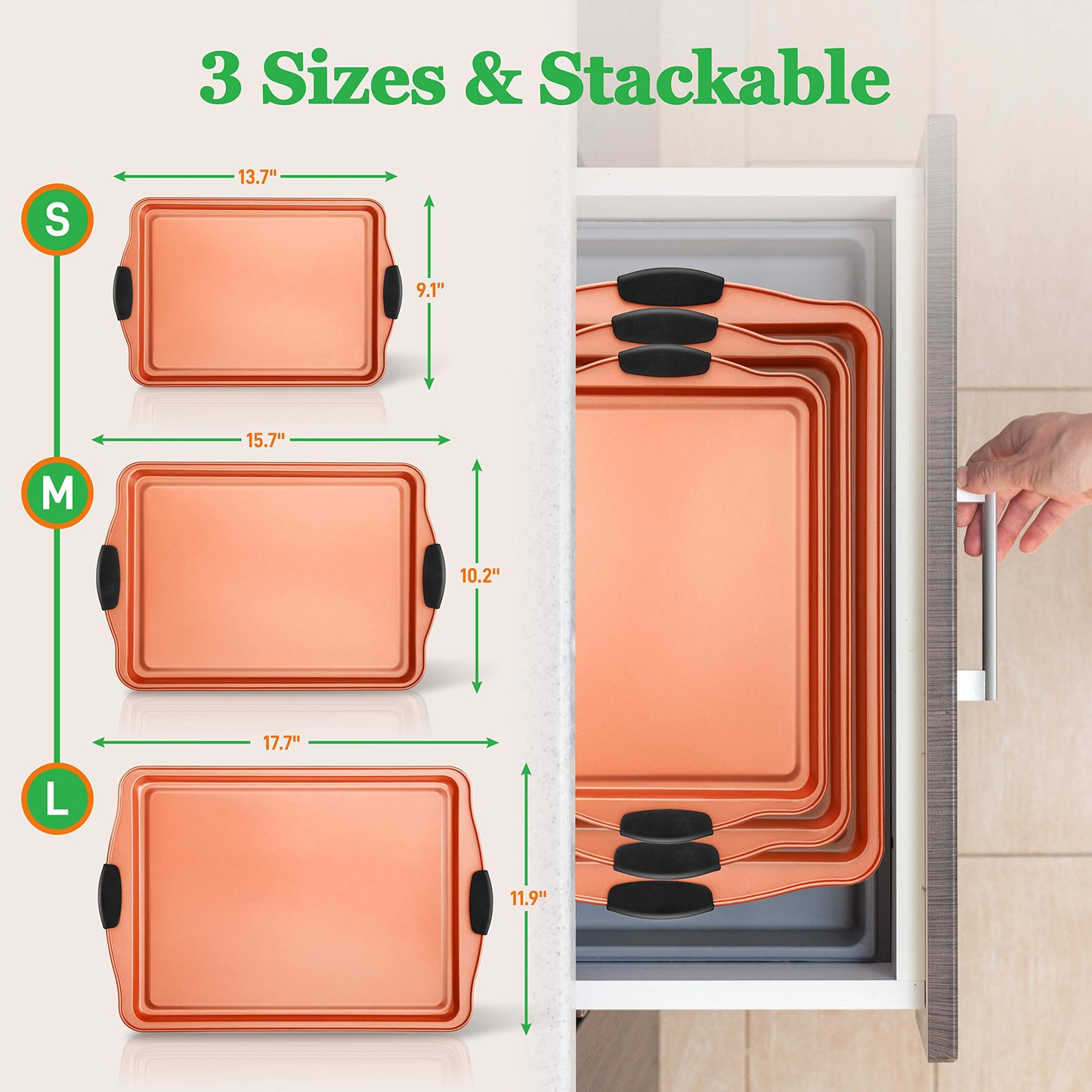 14-Piece Copper Non-Stick Cookware Set - Stackable Pots and Pans with Lids