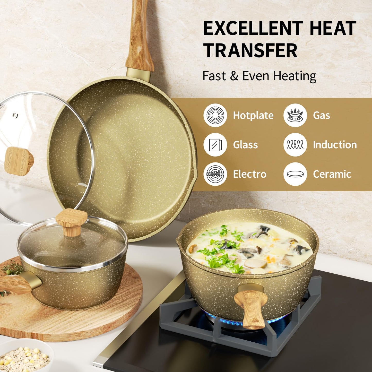 Nonstick Frying Pan Set, Non Stick Sauce Pan Set with Lid Gold Granite Pans