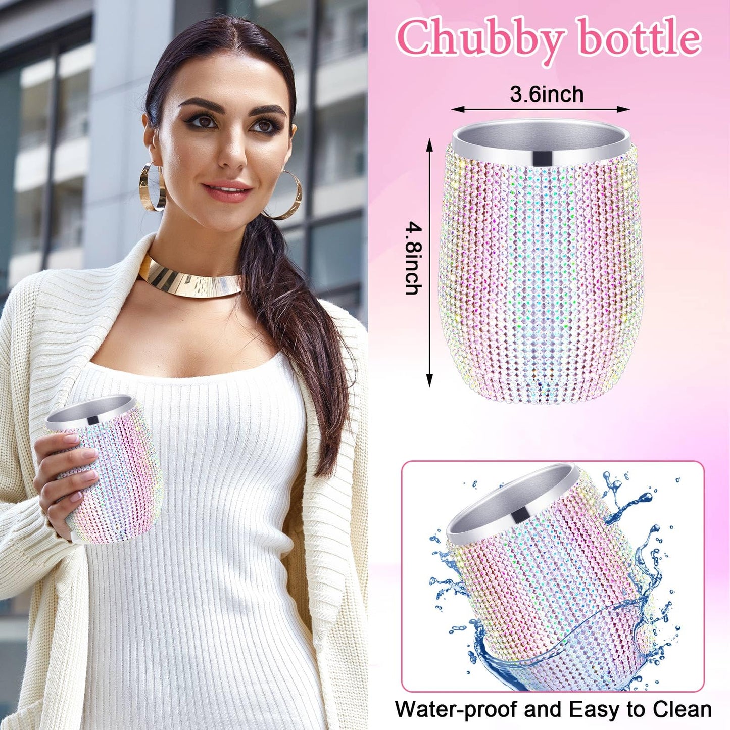 3 Pcs Bling Water Bottle Rhinestone Stainless Steel Bling Cup Stemless  (Gold)