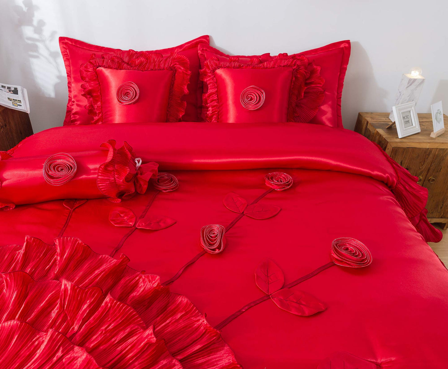 Solid Bright Red Satin Bedding Ruffle Comforter Queen Comforter Set Red