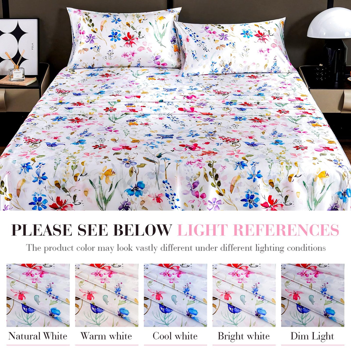 Floral Print - Luxurious Silky Feel Queen Sheet Set - Elegant Smooth Satin Bed Sheets