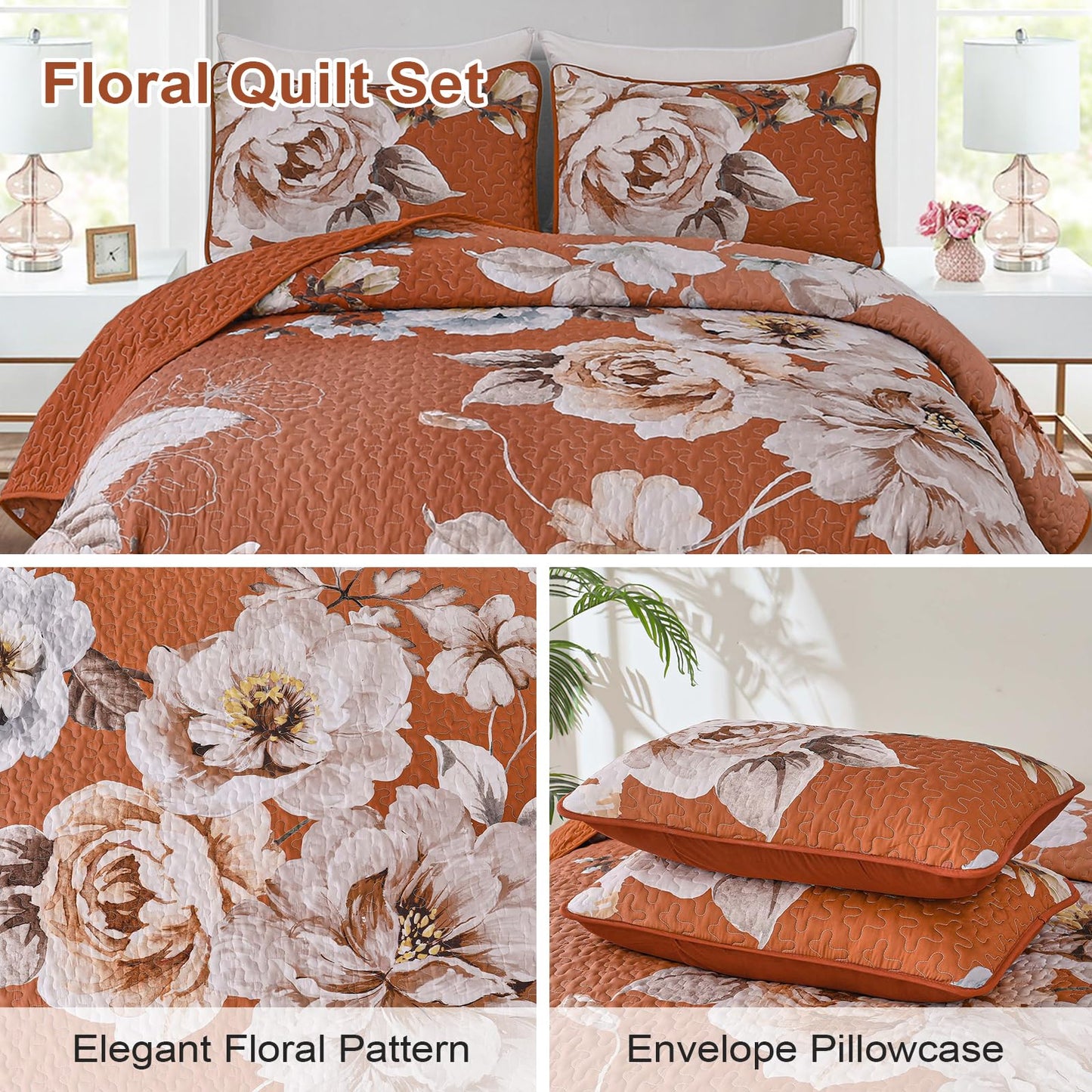 Purple Floral Quilt Set Queen Size, 3 Pieces Botanical Flower Printed