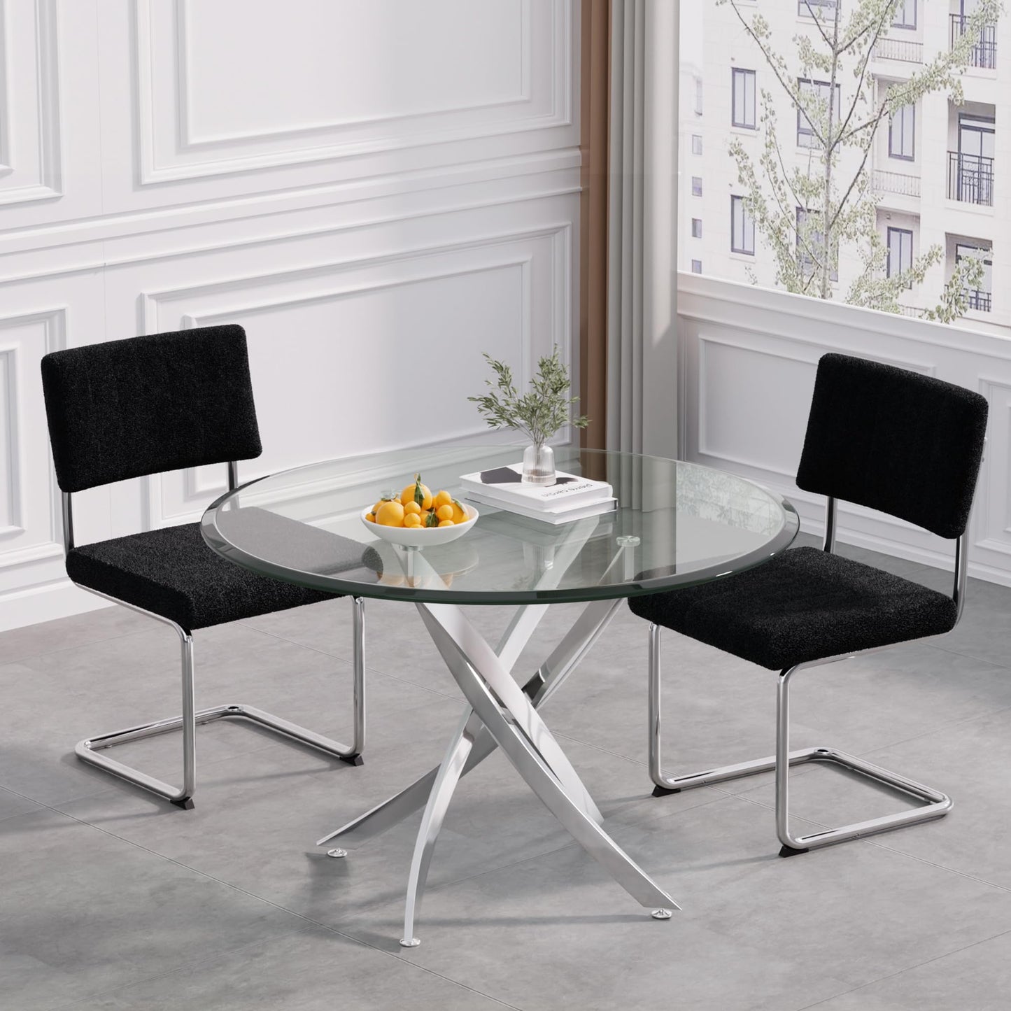 5 Piece Round Glass Dining Table Table Set, Round Glass with 4 PU Dining Chairs