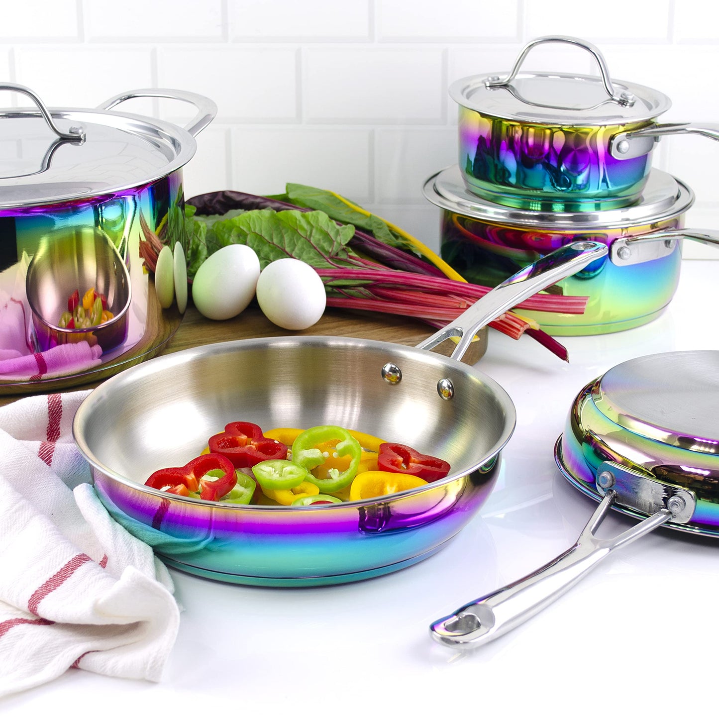 Iridescent Rainbow Cookware Set - Premium Heavy Duty Stainless Steel and Titanium Pots & Pans Set