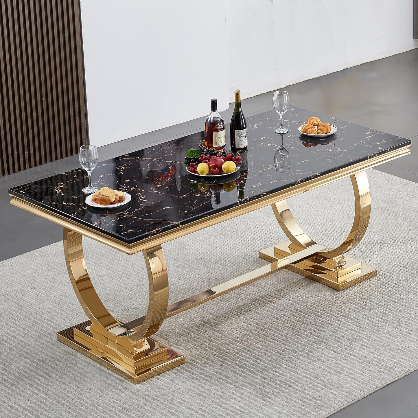 70 Inch White Marble Kitchen Table with Gold Mirrored Cabriole Legs