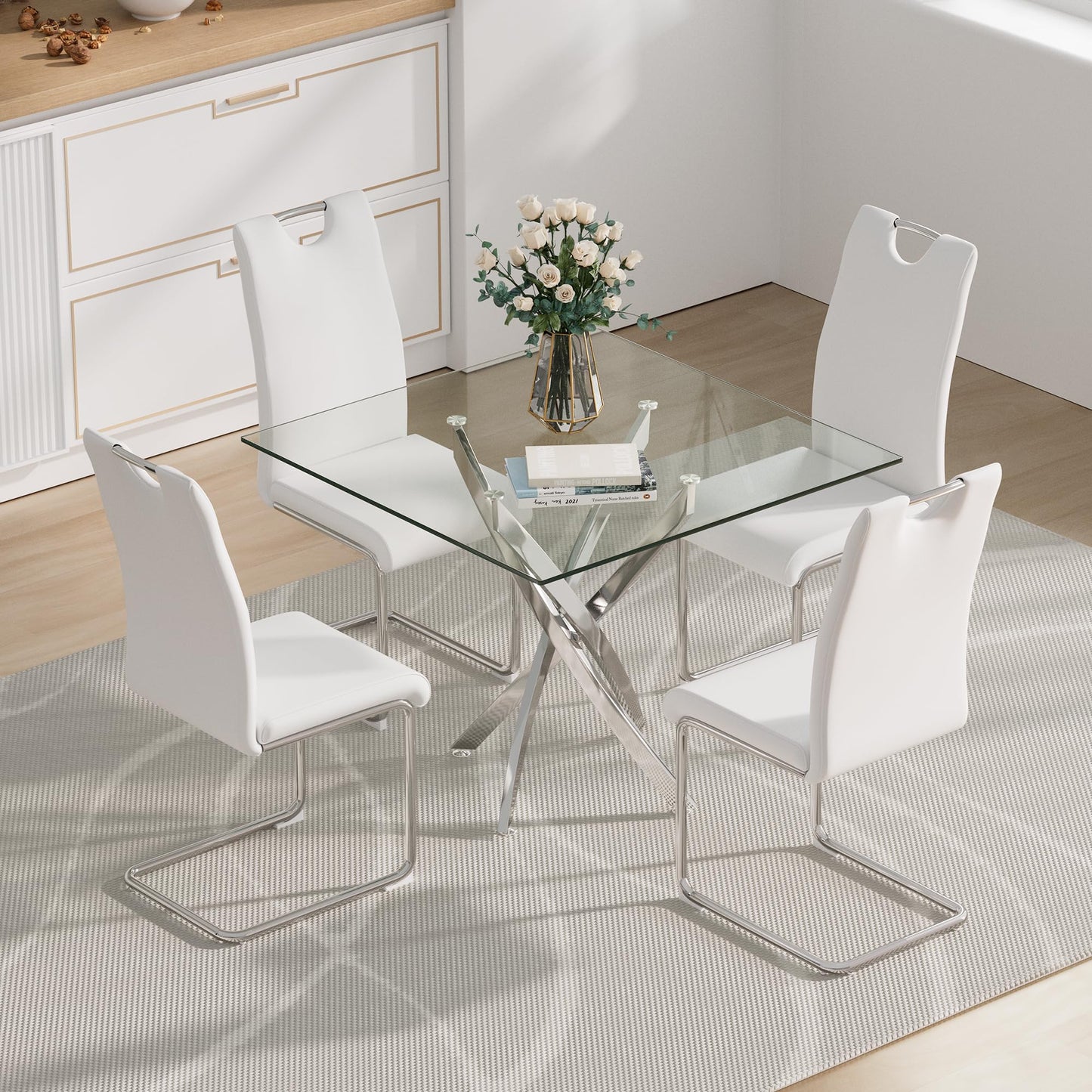 5 Piece Round Glass Dining Table Table Set, Round Glass with 4 PU Dining Chairs