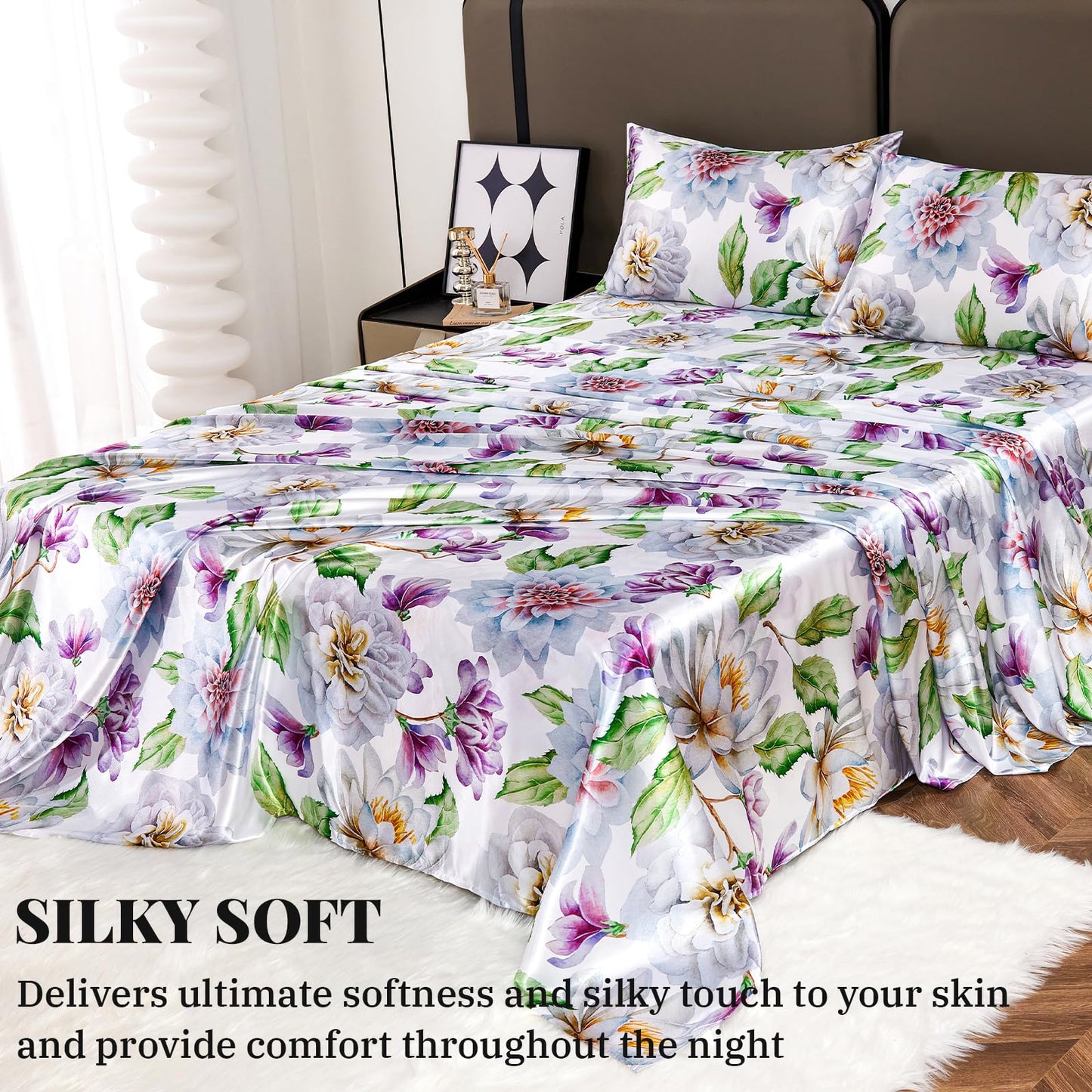 Floral Print - Luxurious Silky Feel Queen Sheet Set - Elegant Smooth Satin Bed Sheets