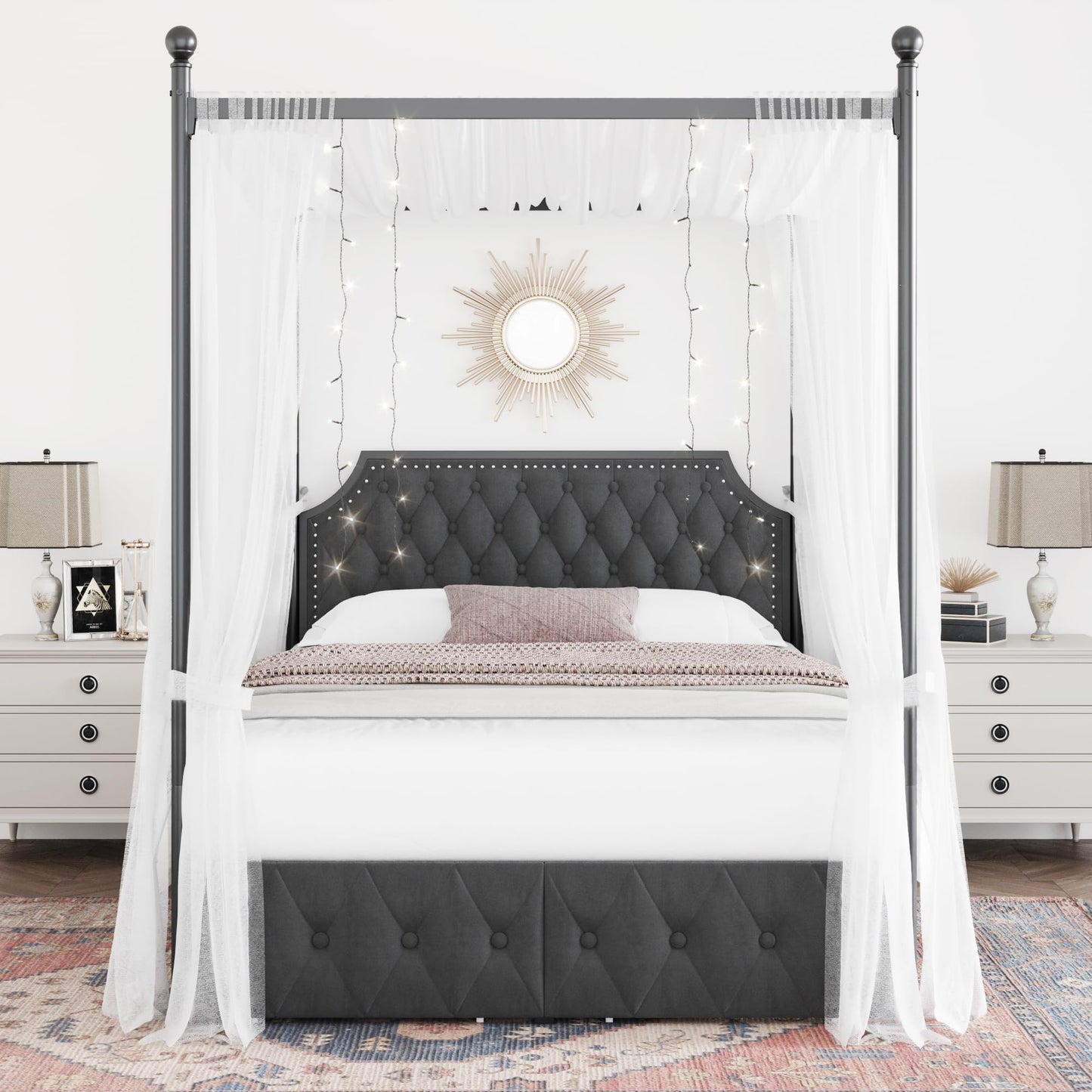 Upholstered Canopy Bed Frame with 2 Drawer and Button Tufted Headboard