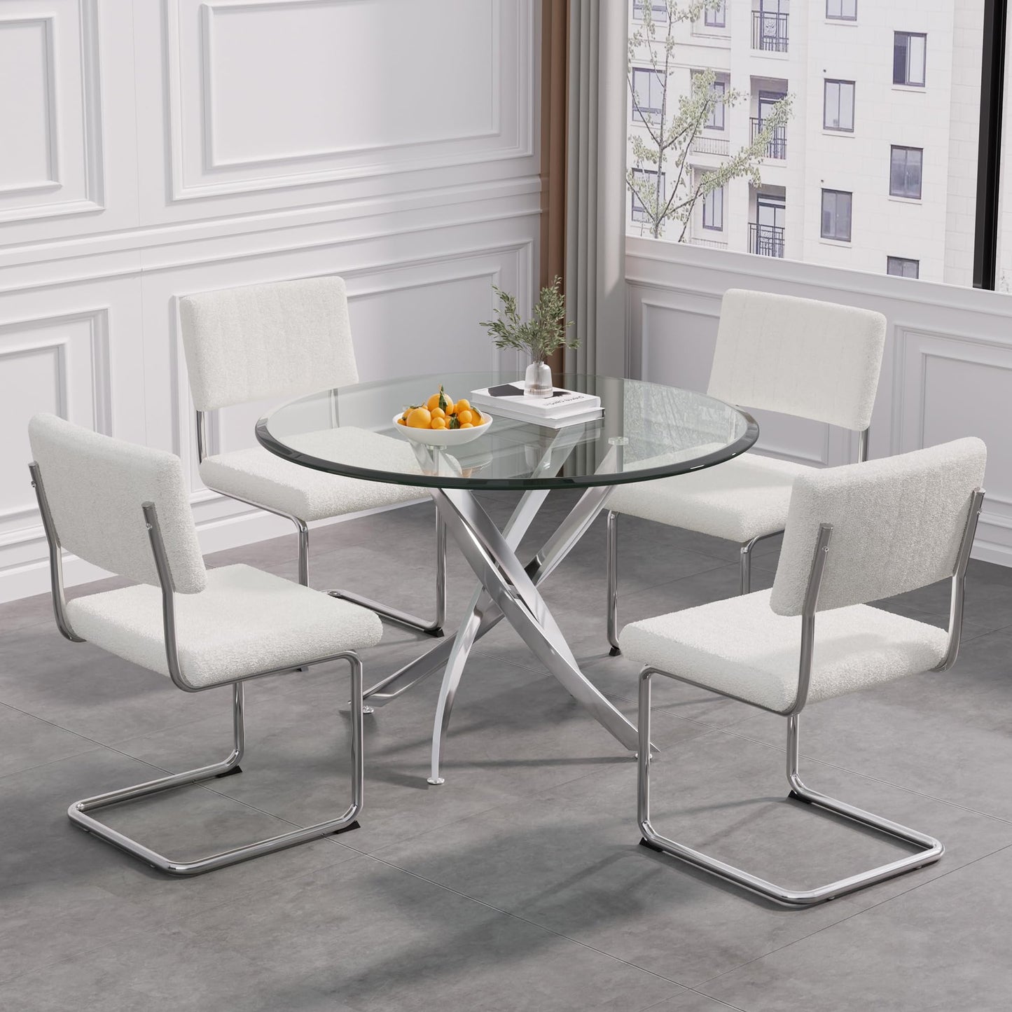 5 Piece Round Glass Dining Table Table Set, Round Glass with 4 PU Dining Chairs