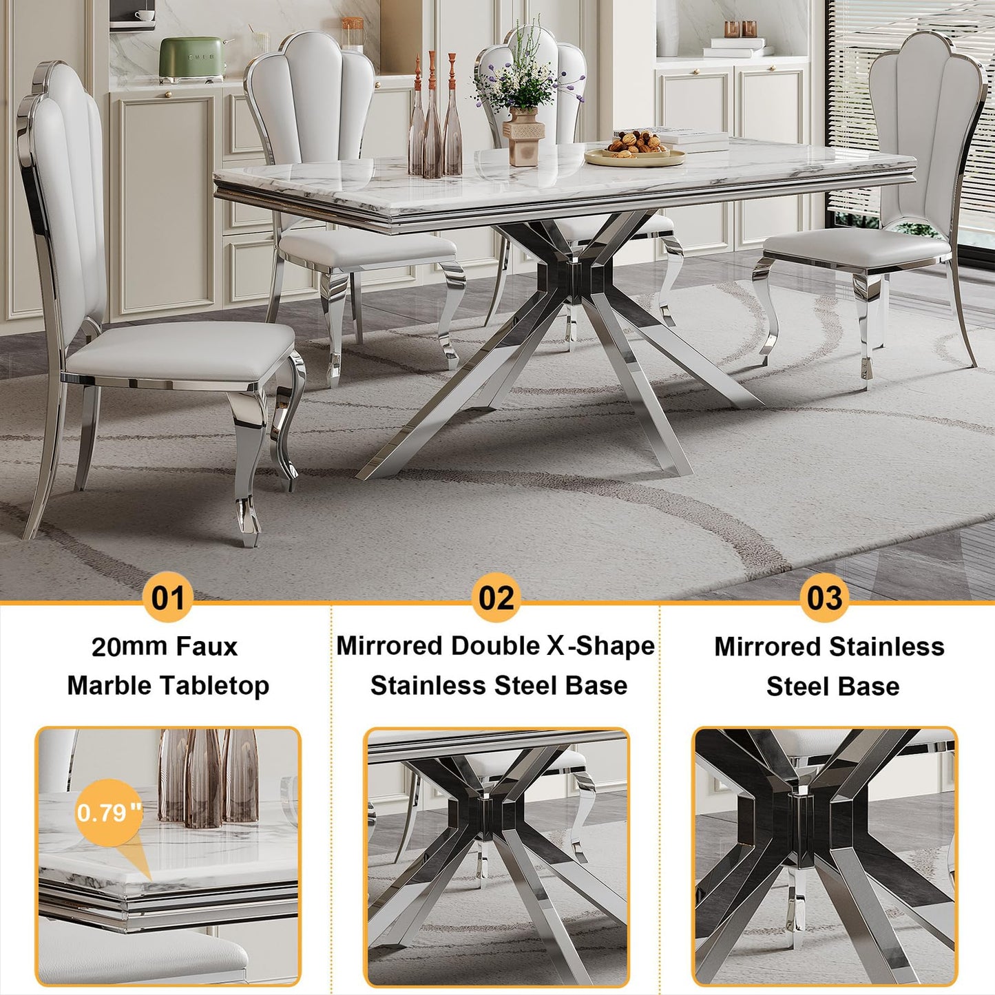 70 Inch White Marble Kitchen Table with Gold Mirrored Cabriole Legs