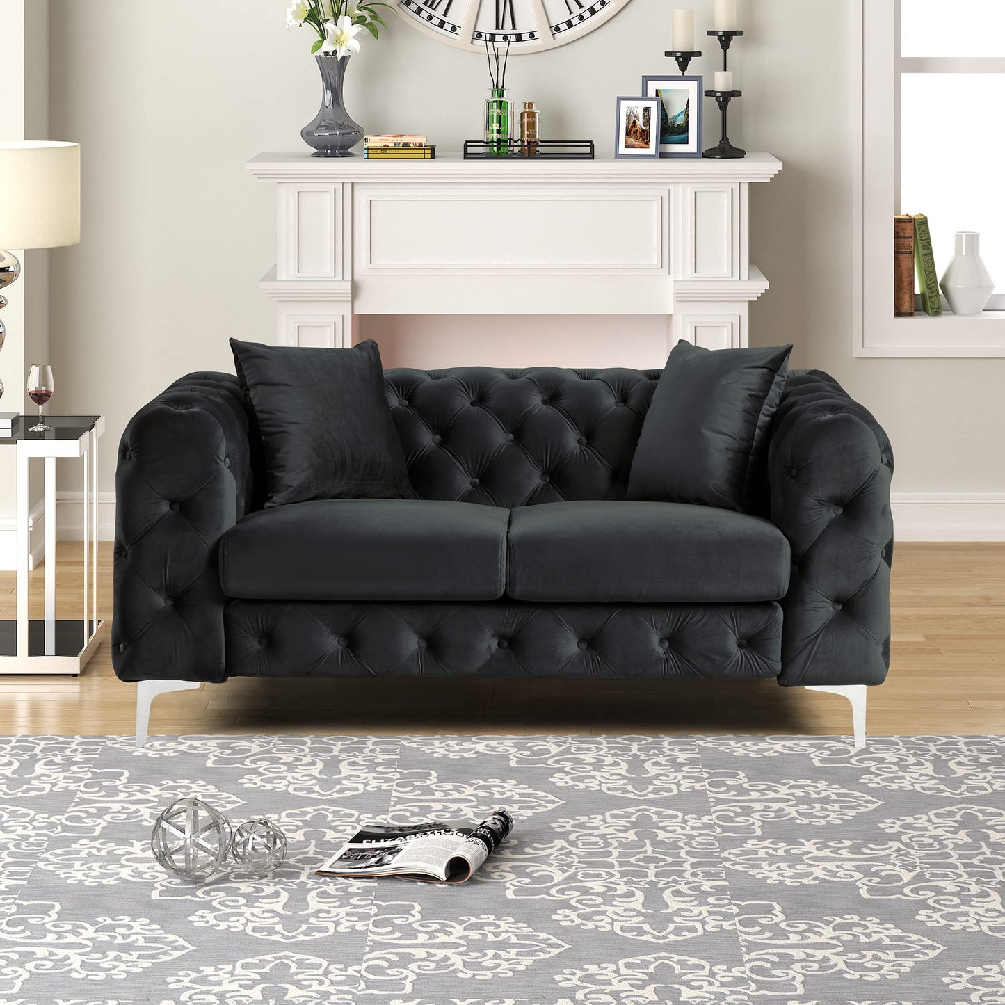 Velvet Couch Black Sofa Upholstered Modern Contemporary Sofa with Deep Button Tufting