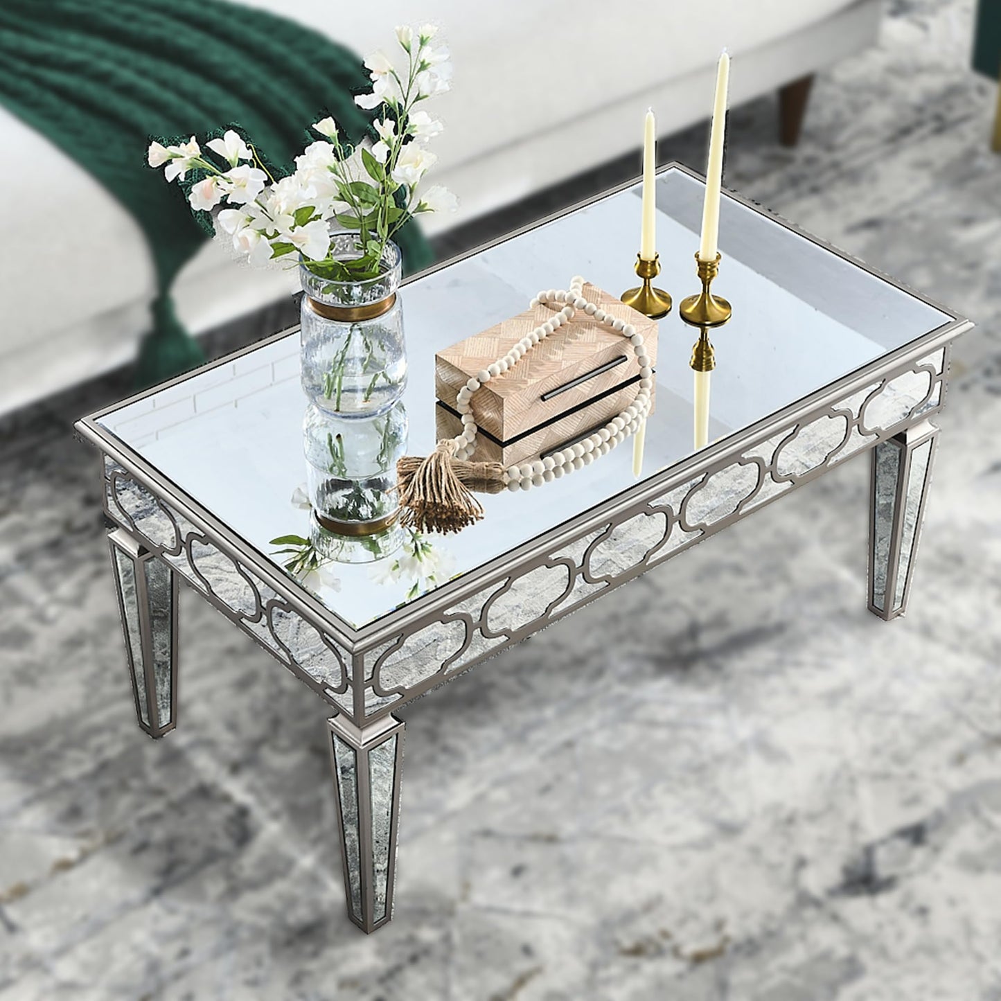 Elegant 2 Tiers of Shiny Silver Mirrored Coffee Table, Crystals Inlay 35 Inches