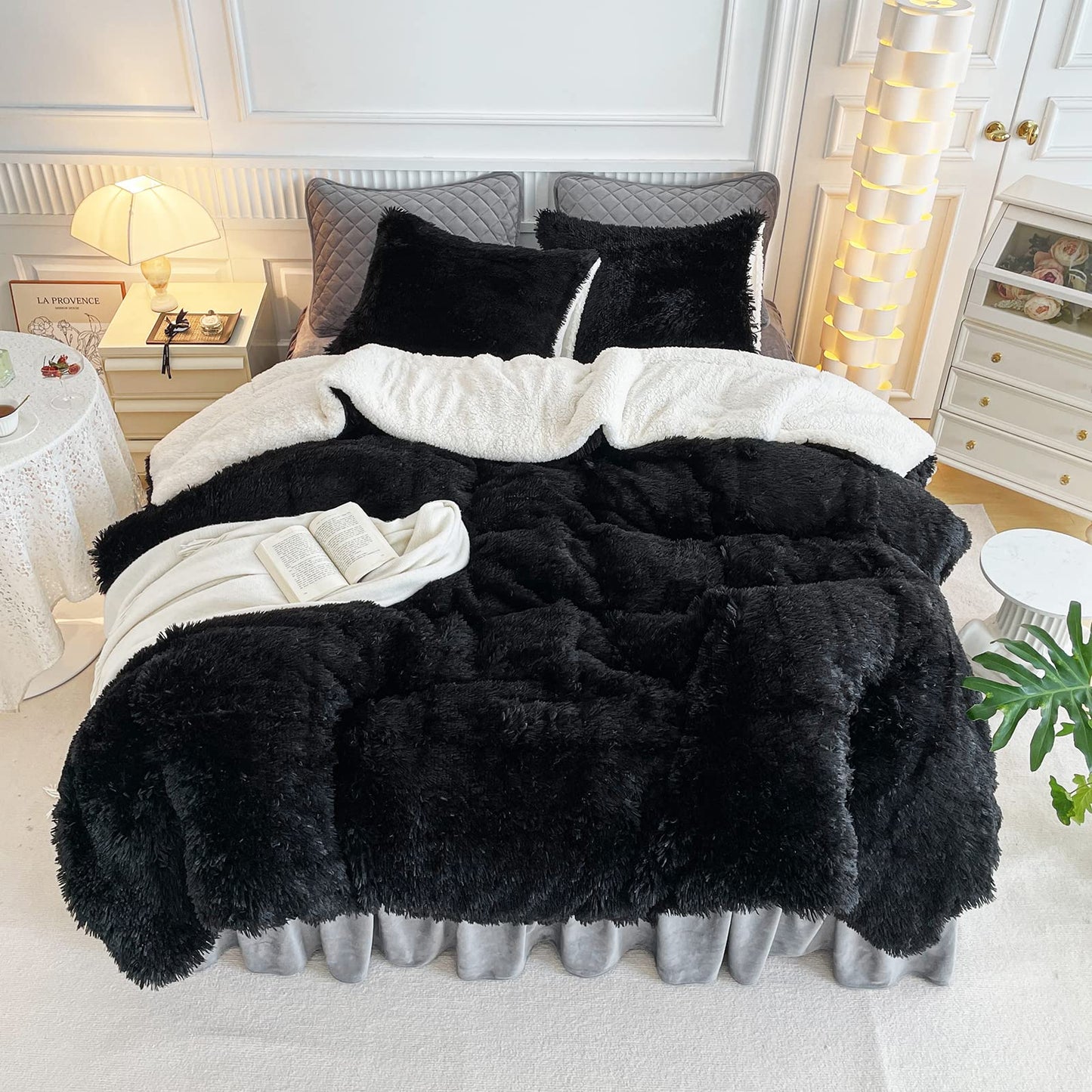 Gray Faux Fur Comforter Set Full/Queen 3 Pieces Bedding Set