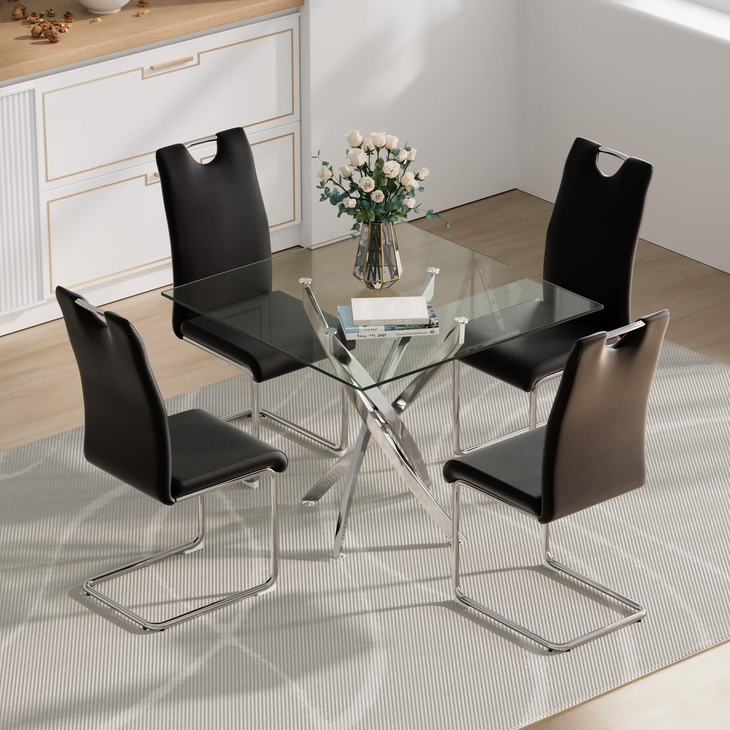 5 Piece Round Glass Dining Table Table Set, Round Glass with 4 PU Dining Chairs