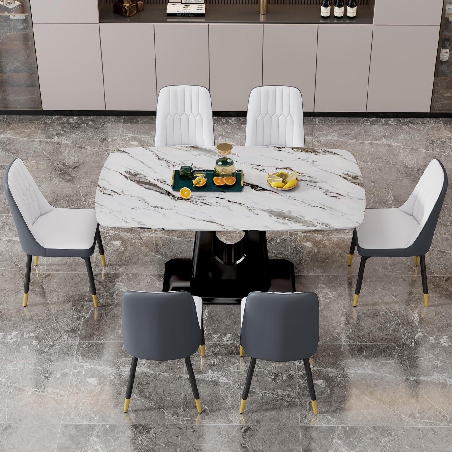 Dining Table Set for 6, White Faux Marble Pattern Table with 6 Modern Dining Chairs