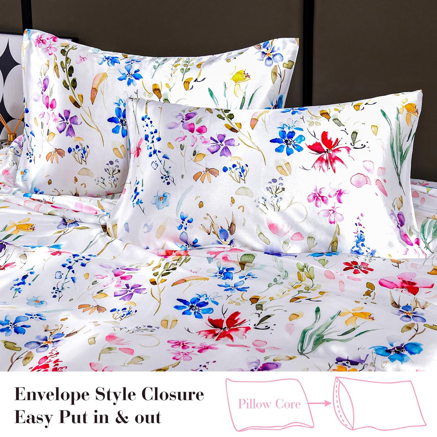 Floral Print - Luxurious Silky Feel Queen Sheet Set - Elegant Smooth Satin Bed Sheets