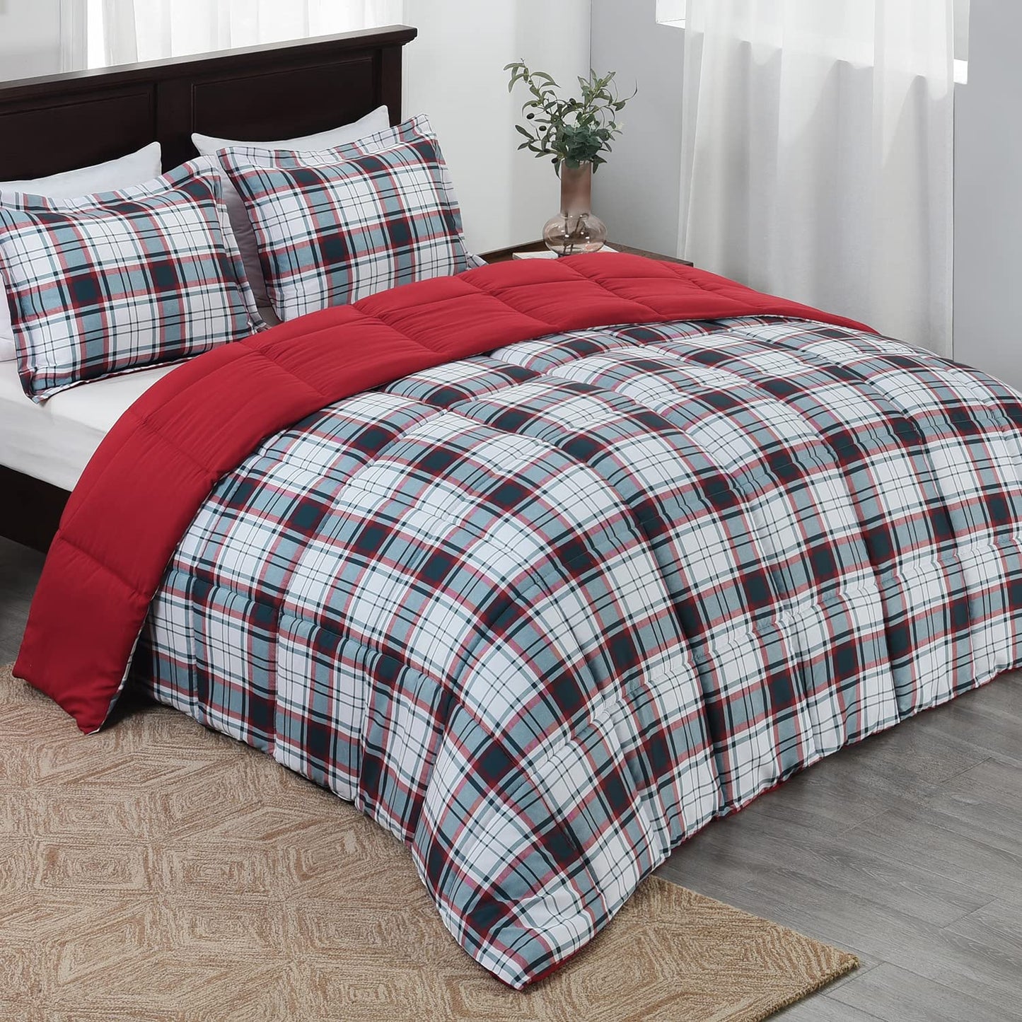 Red and Black Comforter Set Queen Size, Reversible and 2 Pillow Shams