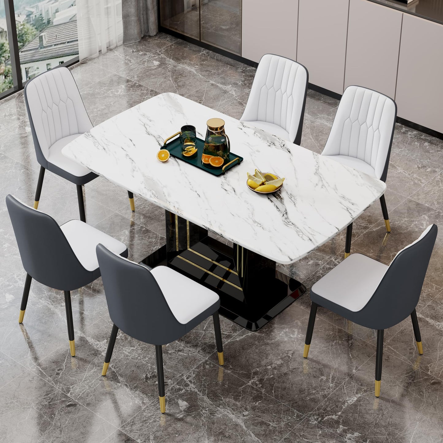 Dining Table Set for 6, White Faux Marble Pattern Table with 6 Modern Dining Chairs