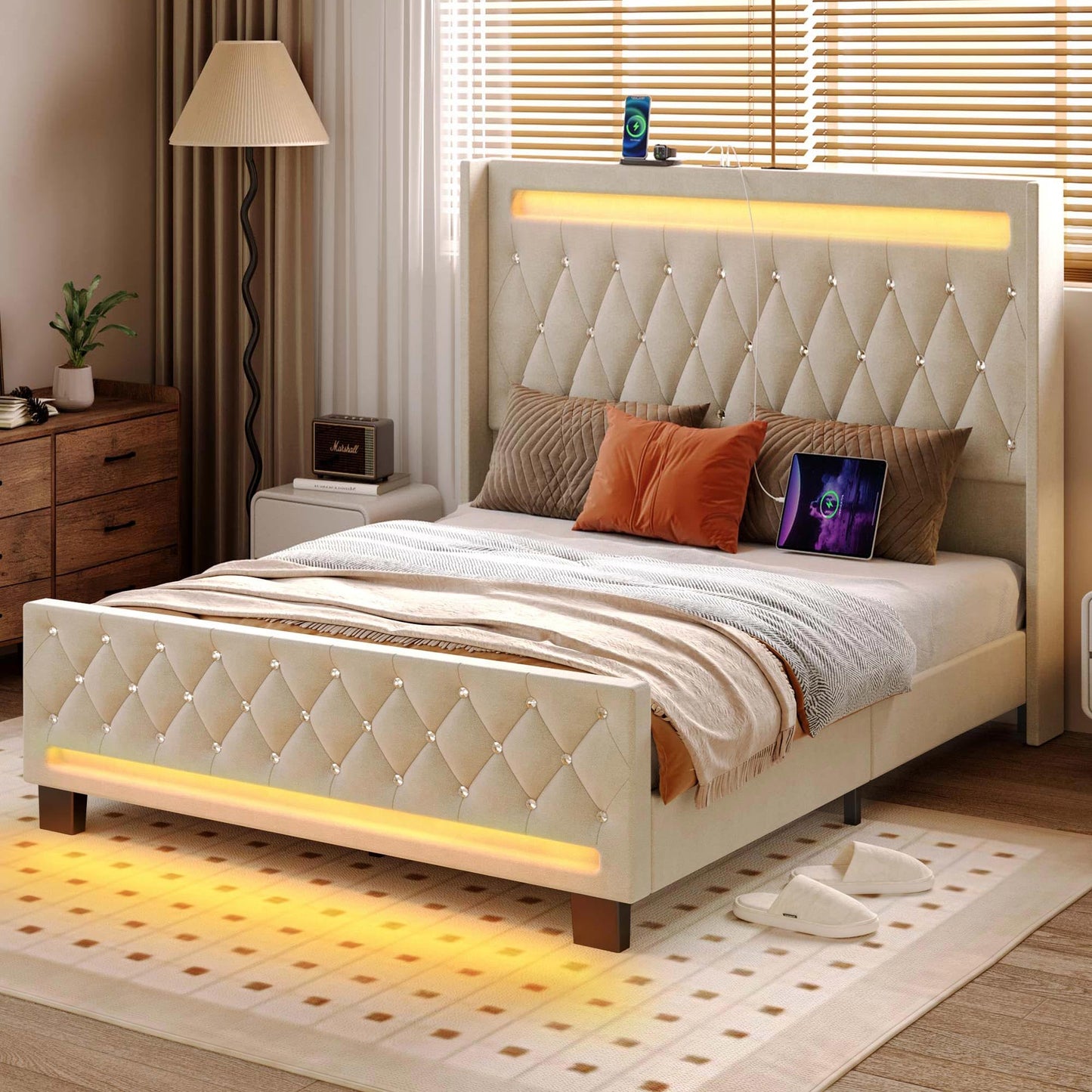 LED Light and Charging Station, Upholstered High Headboard and Footboard