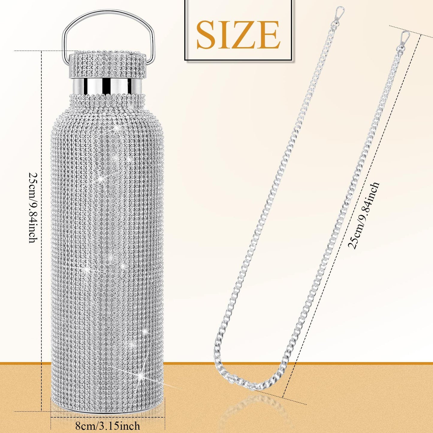 2 Pieces Bling Water Bottle Diamond - Rhinestone with Chain Stainless Steel